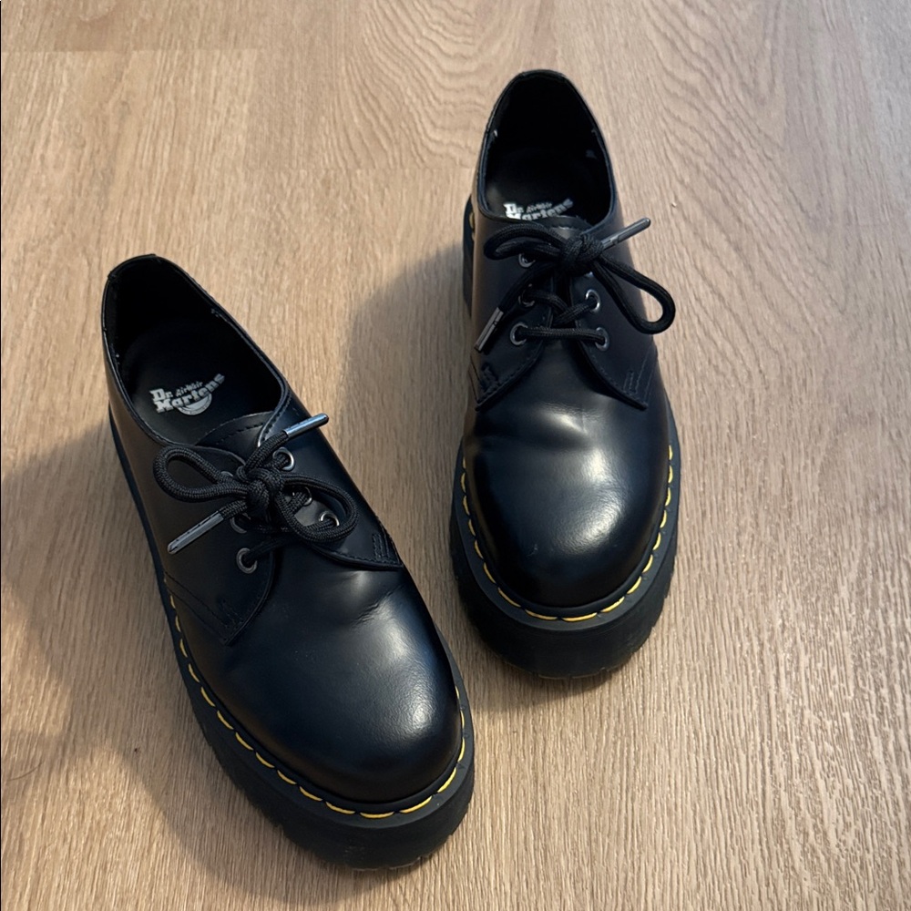 Dr. Martens Black Leather Lace-Up Platform Oxfords with Yellow Stitching
